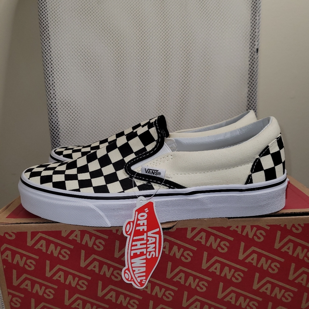 Vans Cream and Black Checker Slides